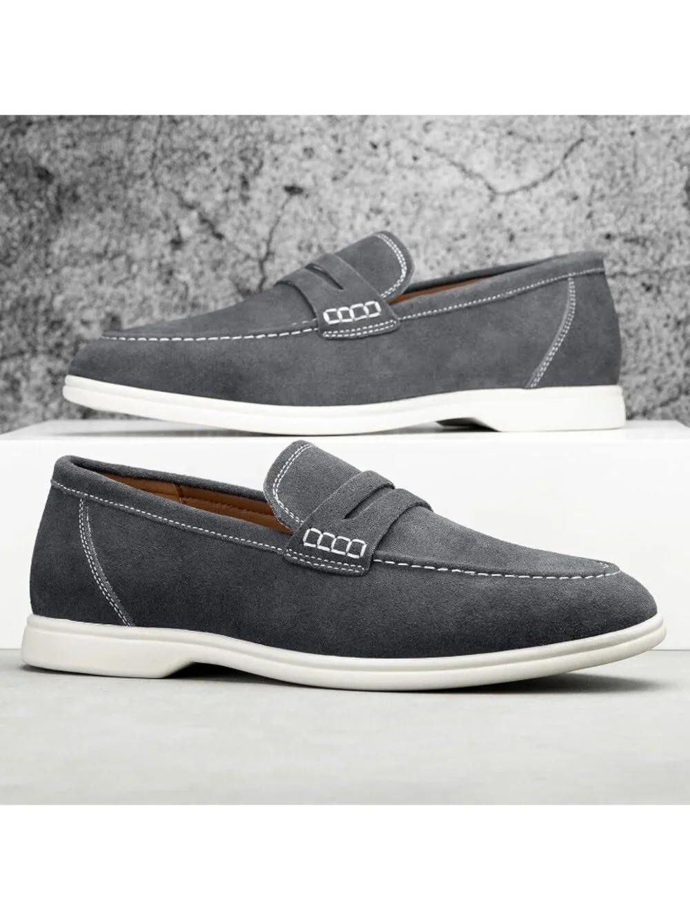 🆕Men's Grey Leather Loafers Slip-On Moccasins Suede Dress Shoes Lightweight